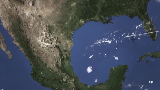 Авиалайнер летит в мексиканский Монтеррей с востока, 3D анимация — стоковое видео