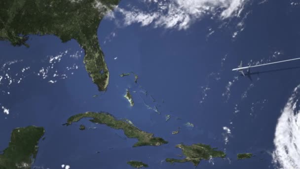 Trasa w komercyjnych samolocie lecącym do Miami, Stany na mapie, animacja 3d — Wideo stockowe