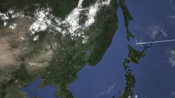 Avión volando a Harbin, China en el mapa, animación 3D — Vídeos de Stock