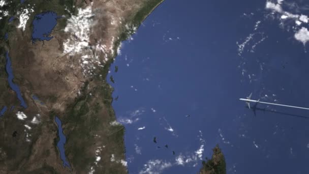 Avião voando para Dar es Salaam, Tanzânia a partir de leste, animação 3D — Vídeo de Stock