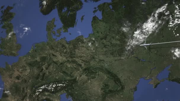 Plan anländer till Berlin, Tyskland från öst, 3d-animering — Stockvideo