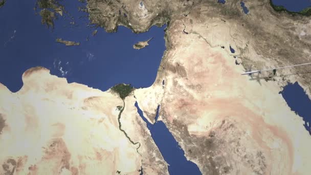 Avião voando para Alexandria, Egito a partir de leste, animação 3D — Vídeo de Stock