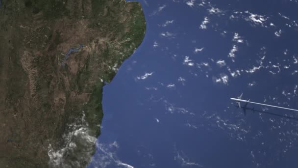 Avião voando para Salvador, Brasil a partir de leste, animação 3D — Vídeo de Stock