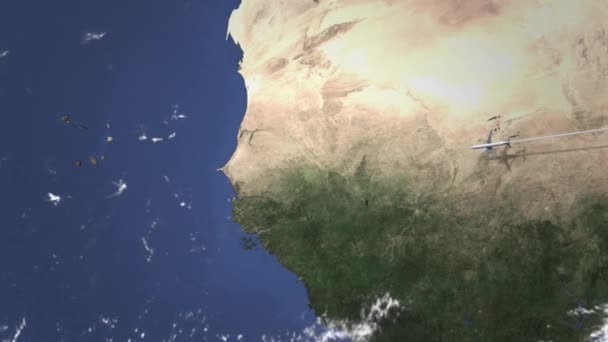 Samolot leci do Dakar, Senegal, na mapie, animacja 3d — Wideo stockowe