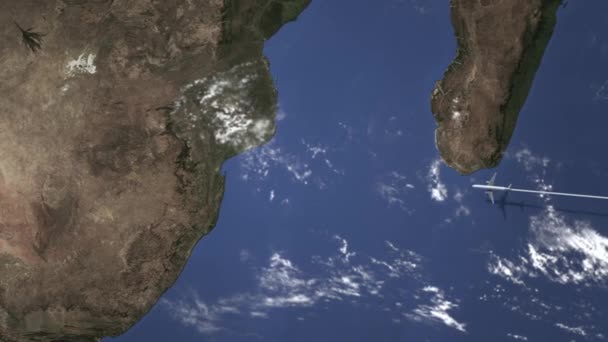 Коммерческий самолет, летящий в Мапуту, Мозамбик, 3D анимация — стоковое видео