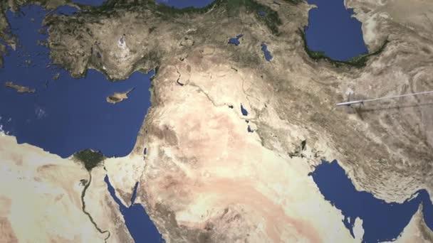 Авиалайнер, летящий в Дамаск, Сирия с востока, 3D анимация — стоковое видео