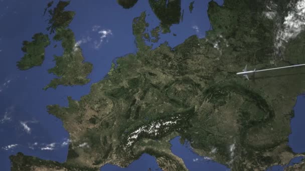 Vliegtuig vliegen naar Brussel op de kaart, 3d animatie — Stockvideo