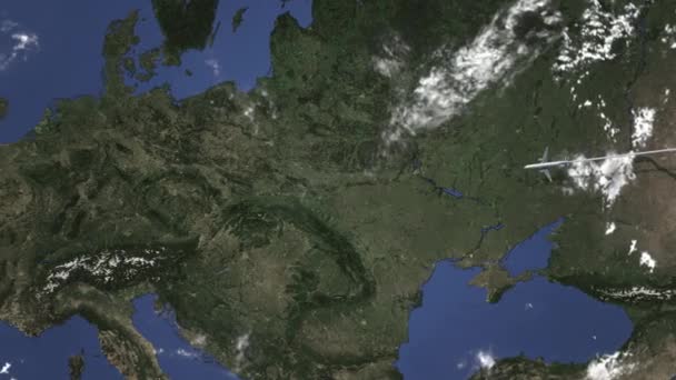Flugzeug fliegt von Osten nach Kattowitz, Polen, 3D-Animation — Stockvideo