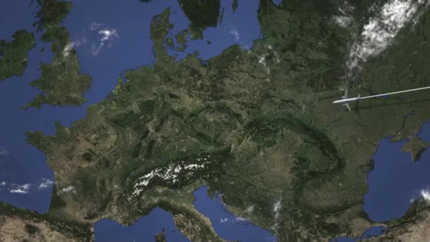 Avião chega a Frankfurt am Main, Alemanha a partir de leste, animação 3D — Vídeo de Stock
