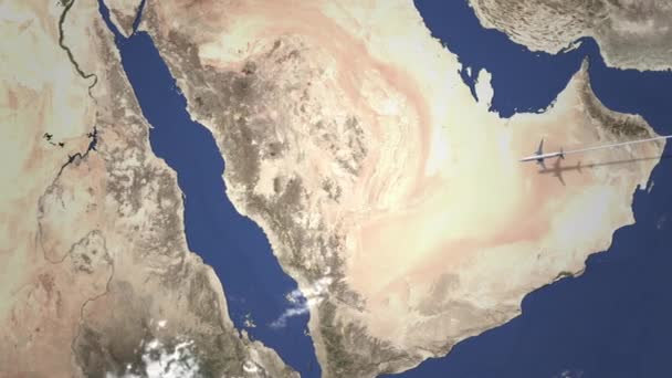 Itinerario di un aereo commerciale che vola alla Mecca, Arabia Saudita sulla mappa, animazione 3D — Video Stock