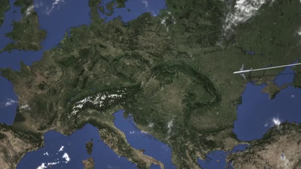 Route van een commercieel vliegtuig vliegt naar München in Duitsland op de kaart, 3d animatie — Stockvideo