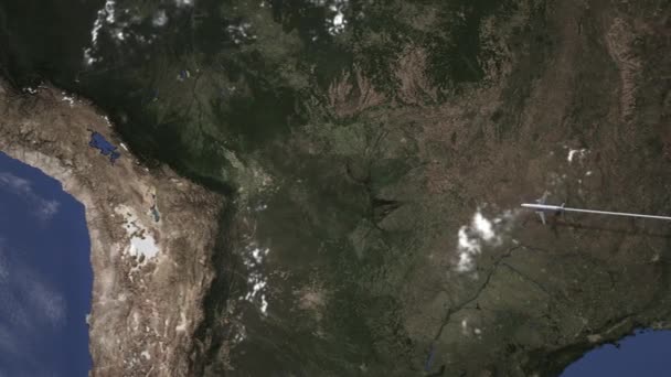 Trafikflygplan flyger till Santa Cruz de la Sierra, Bolivia från öst, 3d-animering — Stockvideo