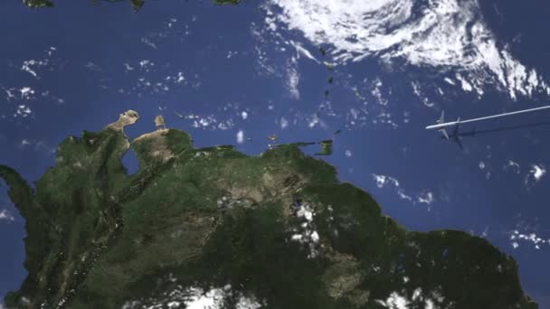 Vliegtuig vliegen naar Valencia, Venezuela op de kaart, 3d animatie — Stockvideo