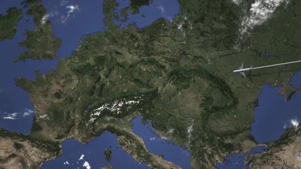Avião chega a Stuttgart, Alemanha a partir de leste, animação 3D — Vídeo de Stock