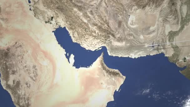 Маршрут коммерческого самолета, летящего в Манаму, Бахрейн на карте, 3D анимация — стоковое видео