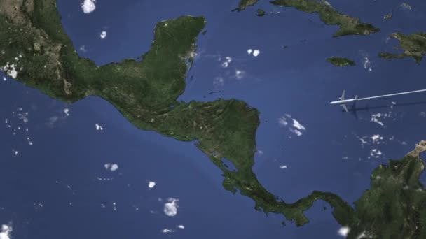 飞机飞往危地马拉市, 危地马拉地图上, 3d 动画 — 图库视频影像