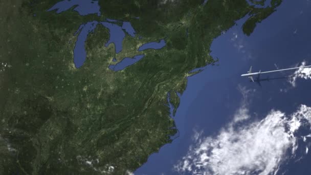Trasa w komercyjnych samolocie lecącym do Columbus, Stany na mapie, animacja 3d — Wideo stockowe