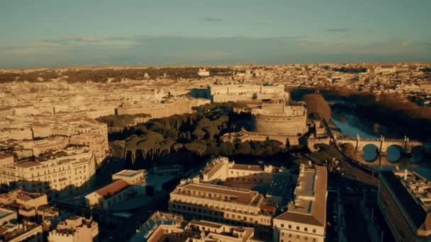 Aerial view of the Mausoleum of Hadrian, known as Castel SantAngelo, and famous Ponte SantAngelo bridge. Rome, Italy — Stock Video