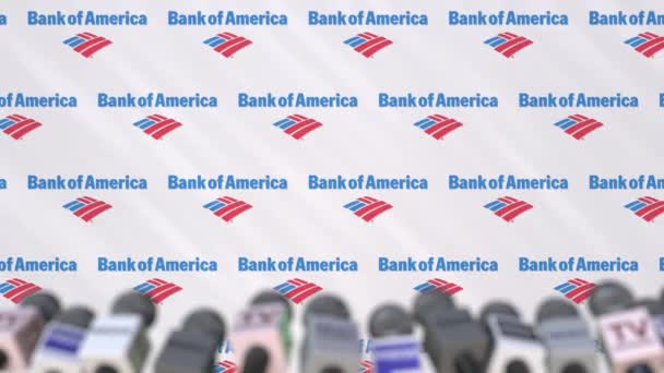 Tisková konference Bank Of America, stiskněte tlačítko zeď s logem a mikrofony, koncepční redakční animace — Stock video