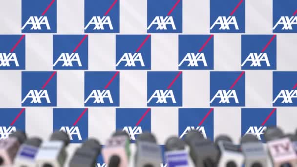 Press conference of AXA, press wall with logo and microphones, conceptual editorial animation — Stock Video