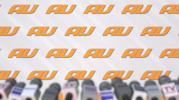 Conferenza stampa dell'UA, parete stampa con logo sullo sfondo e microfoni, animazione editoriale — Video Stock