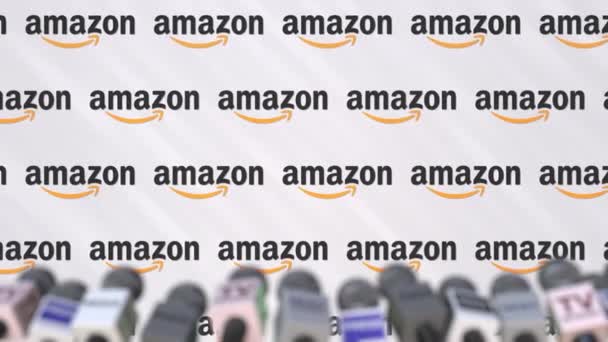 Amazon konferencji prasowej firmy, naciśnij ściany z logo i mikrofonów, koncepcyjny redakcji animacji — Wideo stockowe