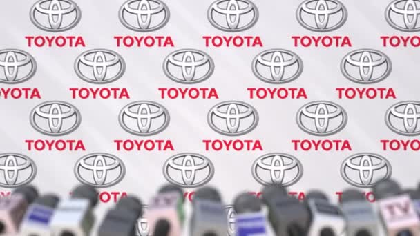 TOYOTA conferência de imprensa da empresa, parede de imprensa com logotipo e microfones, animação editorial conceitual — Vídeo de Stock