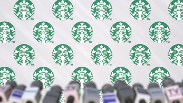 Starbucks företaget presskonferens, tryck på väggen med logotyp och mikrofoner, konceptuella redaktionella animation — Stockvideo