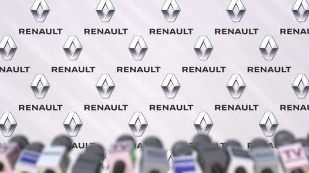 Presskonferens av Renault, tryck på väggen med logotyp och mikrofoner, konceptuella redaktionella animation — Stockvideo