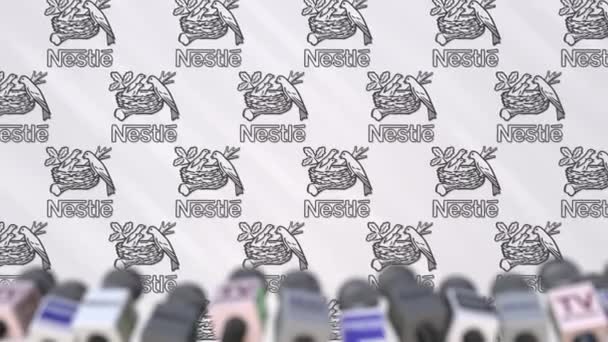 Nestle bedrijf persconferentie, drukt u op muur met logo en microfoons, conceptuele redactionele animatie — Stockvideo