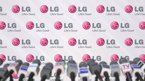 Evento multimediale di LG, parete stampa con logo e microfoni, rendering editoriale 3D — Foto Stock