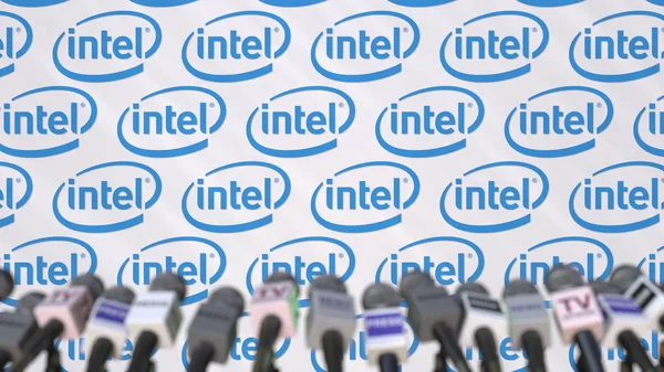 News conference of INTEL, press wall with logo as a background and mics, editorial 3D rendering — Stock Photo, Image