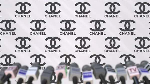 Conferenza stampa aziendale CHANEL, parete stampa con logo e microfoni, rendering 3D concettuale — Foto Stock