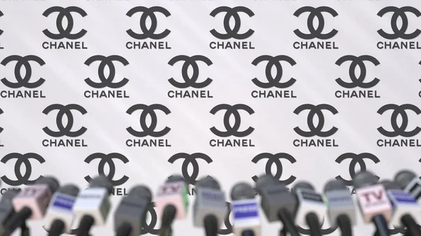 CHANEL conferência de imprensa da empresa, parede de imprensa com logotipo e microfones, editorial conceitual renderização 3D — Fotografia de Stock