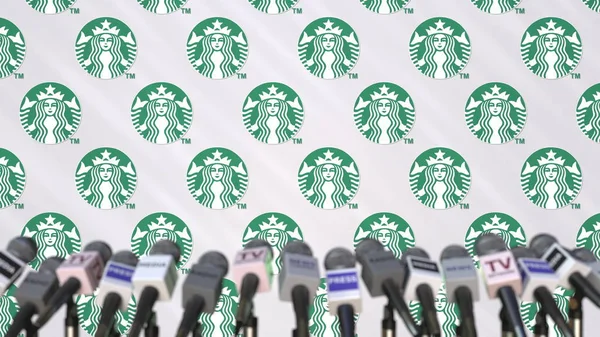 STARBUCKS company press conference, press wall with logo and mics, conceptual editorial 3D rendering — Stock Photo, Image