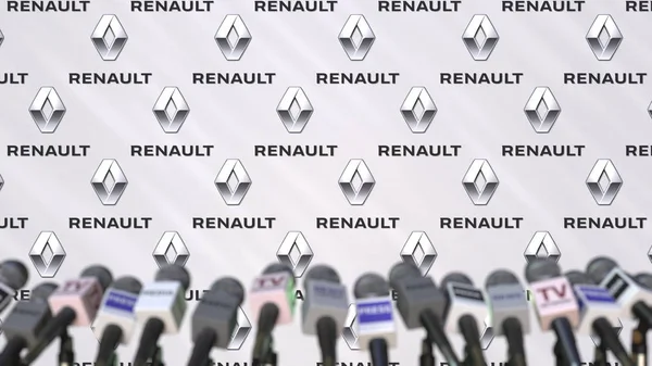 Conferência de imprensa da RENAULT, parede de imprensa com logotipo e microfones, editorial conceitual renderização 3D — Fotografia de Stock