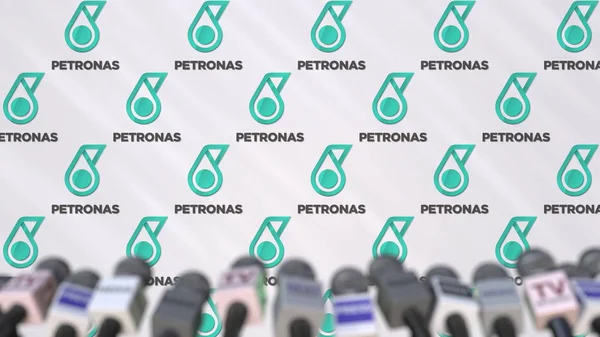 Media εκδήλωση της Petronas, πατήστε τοίχος με λογότυπο και μικρόφωνα, συντακτική 3d rendering — Φωτογραφία Αρχείου