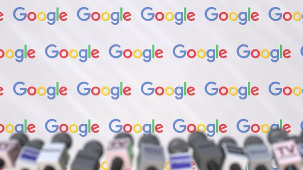 Press conference of GOOGLE, press wall with logo and microphones, conceptual editorial 3D rendering — Stock Photo, Image