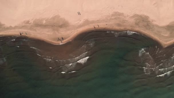 Вид зверху вниз на морський серфінг на піщаному пляжі і пішохідні люди — стокове відео