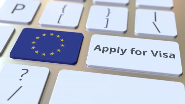 PEDIDO DE VISA texto e bandeira da União Europeia nos botões do teclado do computador. Animação 3D conceitual — Vídeo de Stock