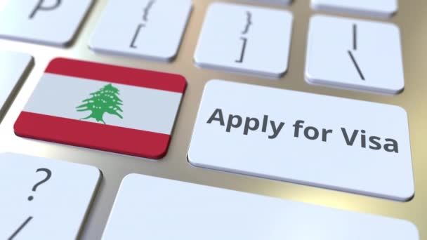 SOLICITA VISA texto y bandera del Líbano en los botones del teclado del ordenador. Animación 3D conceptual — Vídeo de stock