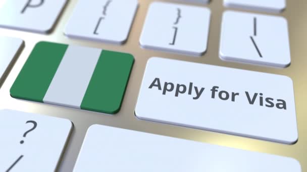 APPLY FOR VISA text and flag of Nigeria on the buttons on the computer keyboard. Conceptual 3D animation — Stock Video