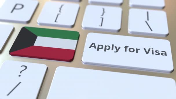 SOLICITUD DE VISA texto y la bandera de Kuwait en los botones en el teclado del ordenador. Animación 3D conceptual — Vídeo de stock