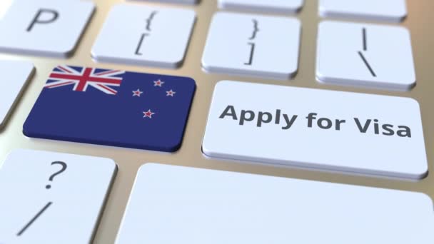 APPLY FOR VISA text and flag of New Zealand on the buttons on the computer keyboard. Conceptual 3D animation — Stock Video