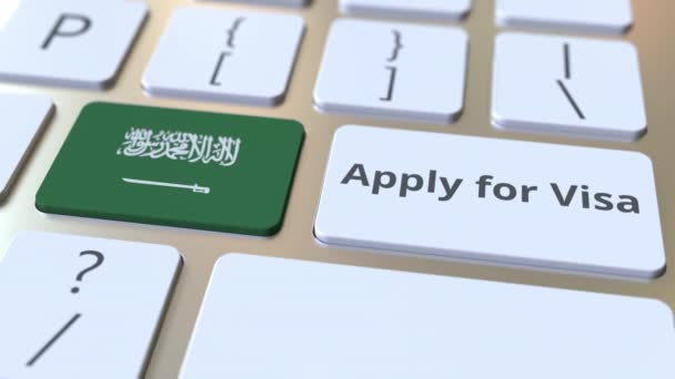 Richiedi il visto testo e bandiera dell'Arabia Saudita sui pulsanti sulla tastiera del computer. Animazione 3D concettuale — Video Stock