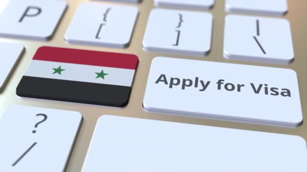 Применить для VISA текст и флаг Сирии на кнопках на клавиатуре компьютера. Концептуальная 3D анимация — стоковое видео