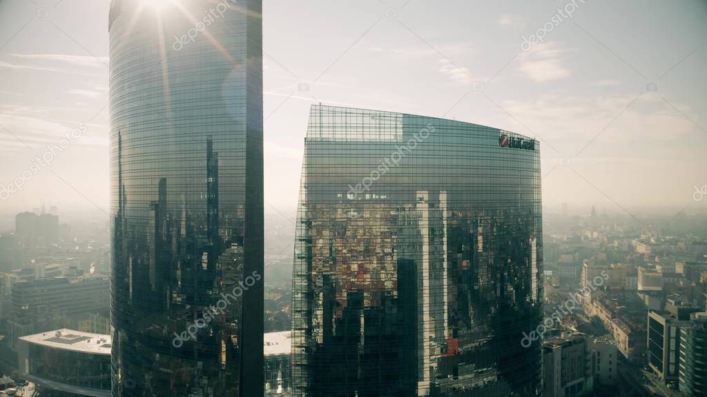 MILAN, ITALY - JANUARY 5, 2019. Aerial shot of the UniCredit Tower