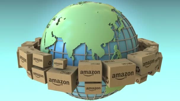 Mnoho krabice s logem Amazon po celém světě, Asie zdůraznil. Konceptuální redakční loopable 3d animace — Stock video