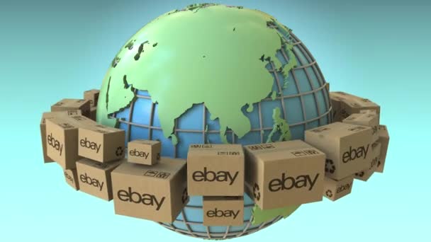 Muchos cartones con el logotipo de eBay alrededor del mundo, Asia acentuó. Conceptual editorial loopable 3D animación — Vídeo de stock