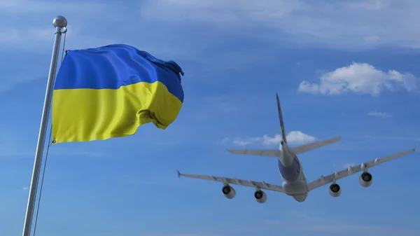 Коммерческий самолет приземляется за украинским флагом. Концептуальная 3D рендеринг — стоковое фото